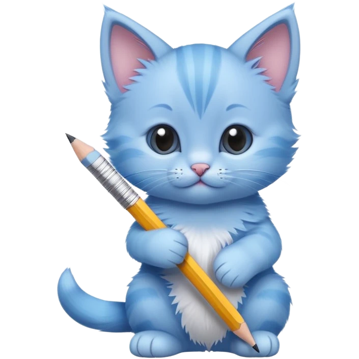 Close-up of a cute blue kitten holding a pencil in its paw, writing something. The pencil is sharpened on only one side. Minimalist design with a focus on the kitten and the pencil, minimal details emoji
