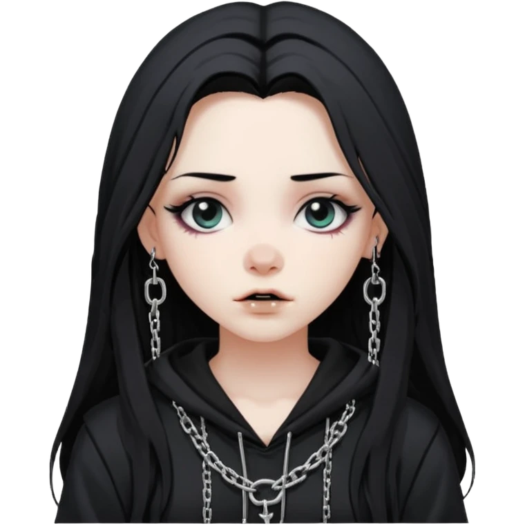 Female Goth with Beanie
 Messy long hair, white skin, oversized black hoodie, chain accessories. emoji