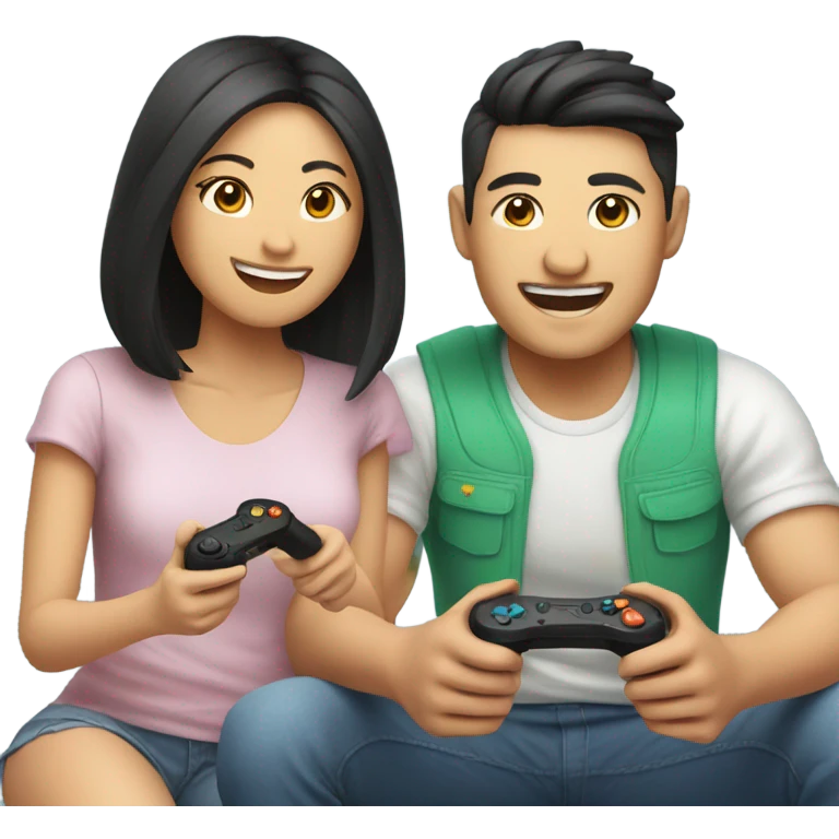 Cute asian couple happily playing video games emoji