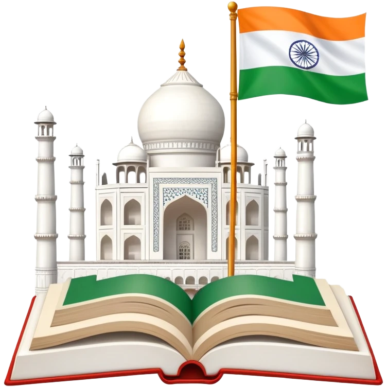 An icon featuring the Taj Mahal and the flag of India, symbolizing the Hindi language. The design includes an open book, representing language learning and cultural richness. Transparent background highlights the heritage of India. emoji