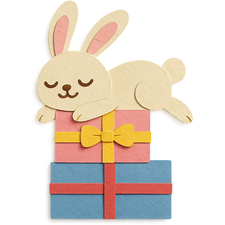 bunny lying on birthday gifts, sleepy and happy smile eyes, paper-craft style emoji