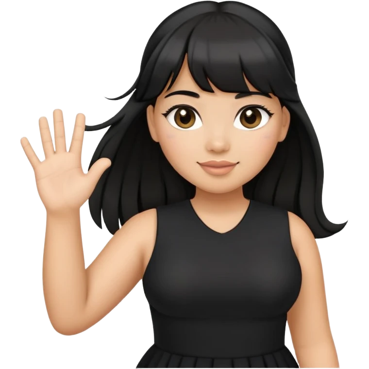 Latina girl with bangs black long hair in pony tail plus size black dress waving hand hello emoji