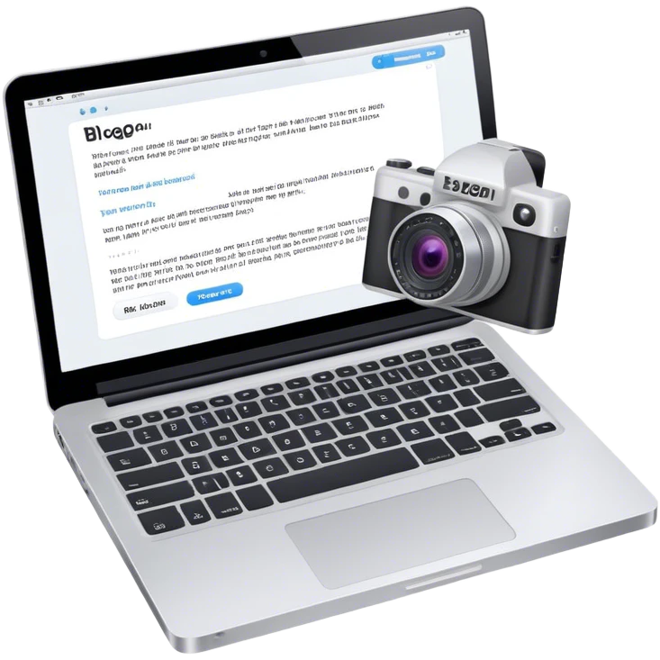 Create an emoji representing blogging. The design should feature an open laptop with a visible blog post on the screen, showing text. Add a photo or video camera to emphasize multimedia content. Do not include any emojis or smiley faces. Make the background transparent. emoji