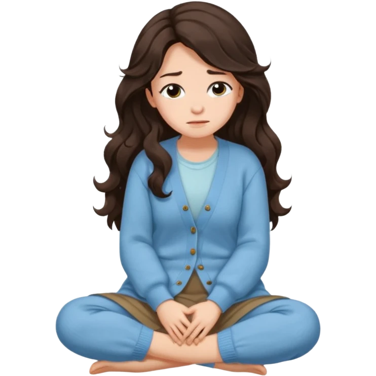 Juli – Cewe Perasa Kulit putih lembut, rambut coklat gelap panjang bergelombang natural, terurai. Pakai cardigan biru muda terang Duduk sambil peluk lutut ekspresi sendu tapi manis. emoji