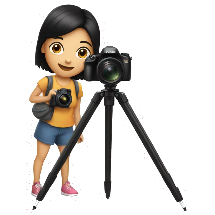 camera with tripod and a black hair girl in front emoji
