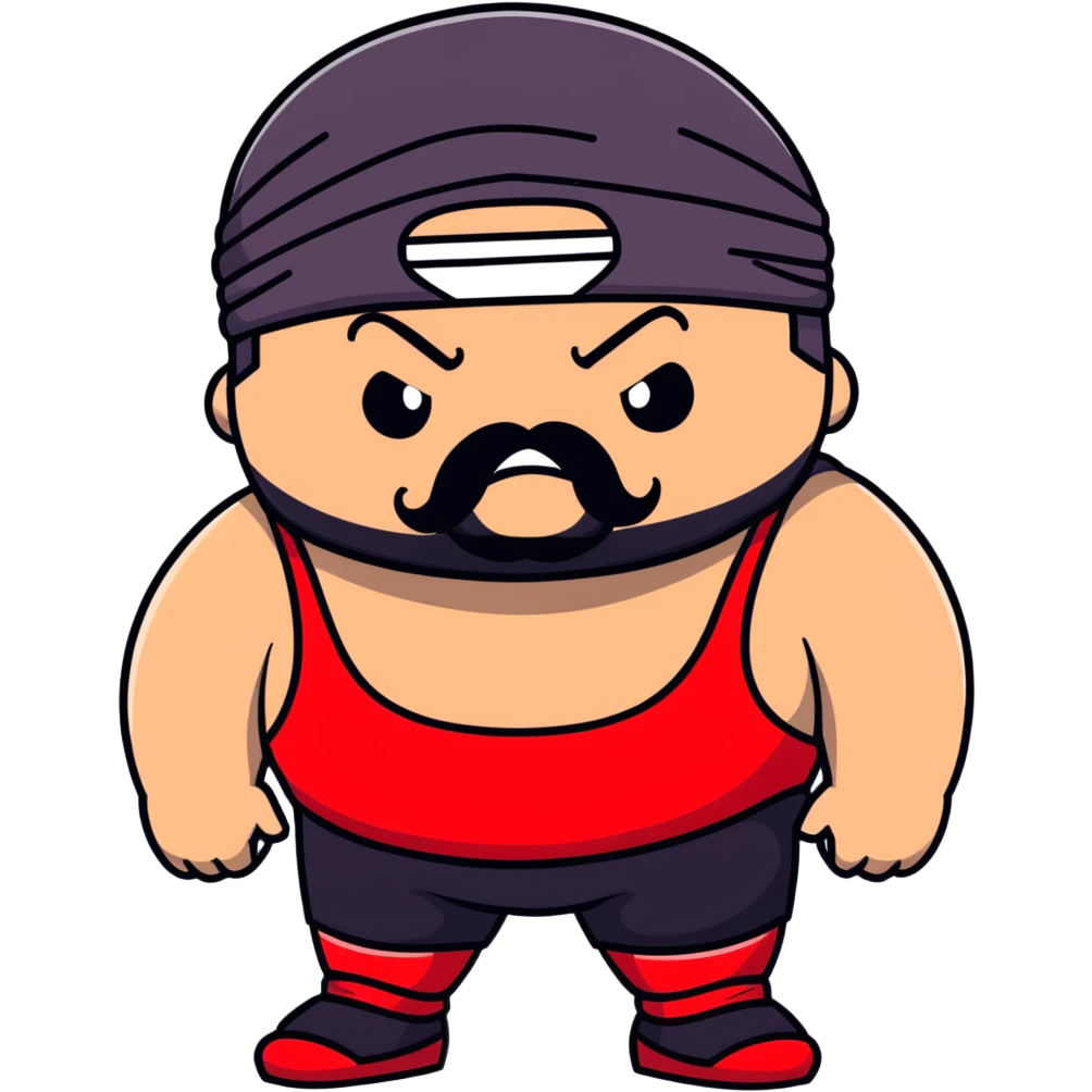 Extreme close-up of face of morbidly obese white skin guy with young face, prominent BLACK DURAG tied clearly on head, distinct black beard and mustache, black eyes in a red and black wrestling singlet with angry expression emoji