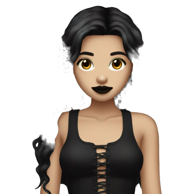 Tan Goth girl emoji long black hair, lipstick  emoji