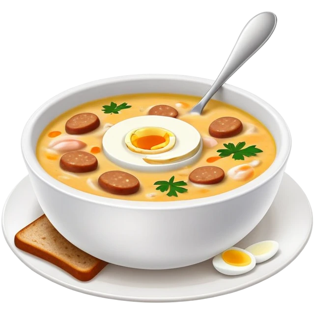 cinematic-realistic zurek-soup-dish-emoji,-depicted-as-a-tangy,-creamy-rye-soup-with-sausage-and-boiled egg-rendered-with-detailed-textures-and-warm,-comforting-lighting. emoji