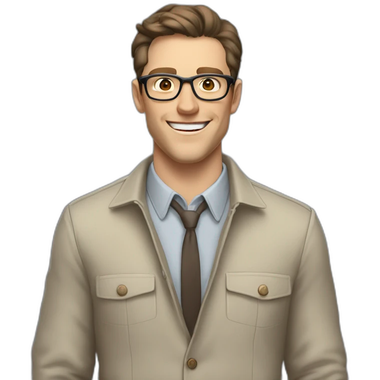 Joyful Pale skinned Fit Man With dark brown hair in gray jacket, beige office shirt, Brown pants and vintage glasses. His thrumbs up emoji