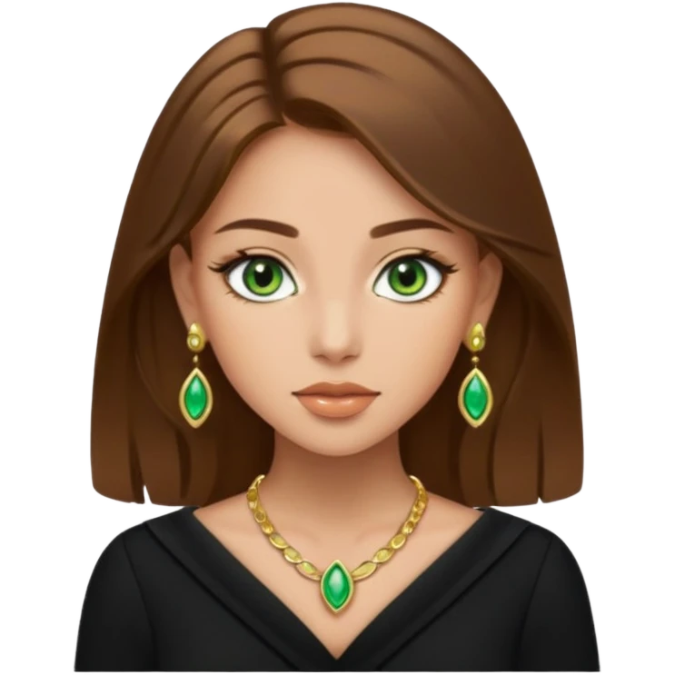 Μια κοπέλα καστανή με μαύρα ωραία ρουχα και σκουλαρίκια και κοσμήματα και βαμμένη ελαφρό και πράσινα μάτια τα κοσμήματα λίγα και χρυσα τα κοσμήματα να είναι λίγα και λεπτα και βαμμενοι emoji