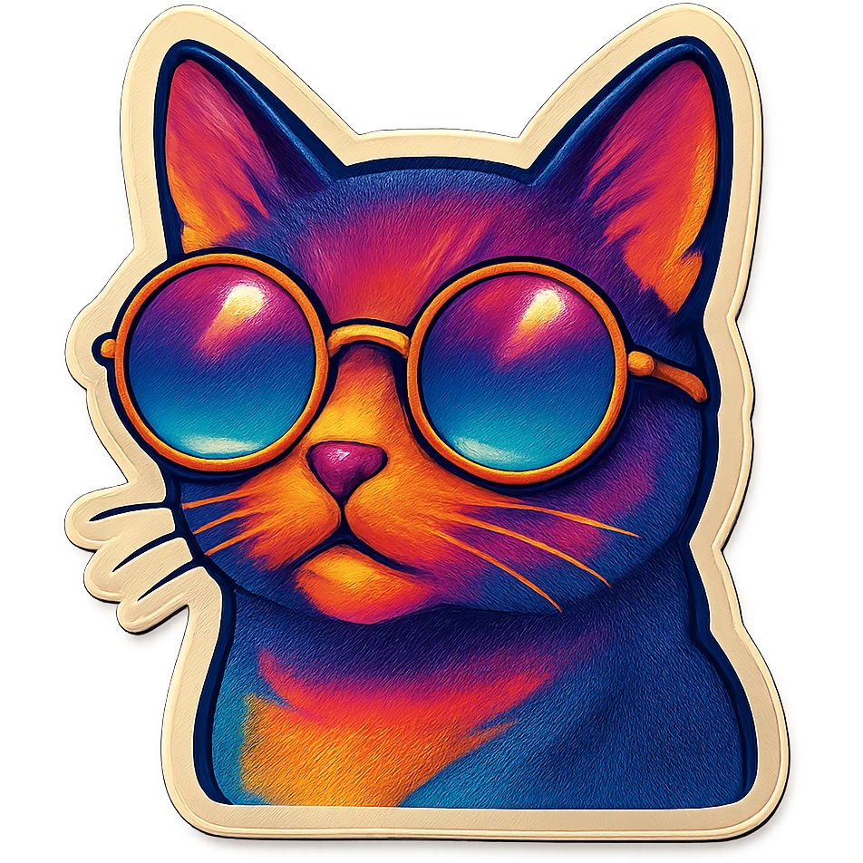 cat with retro round sunglasses, sticker style, trendy and bold emoji