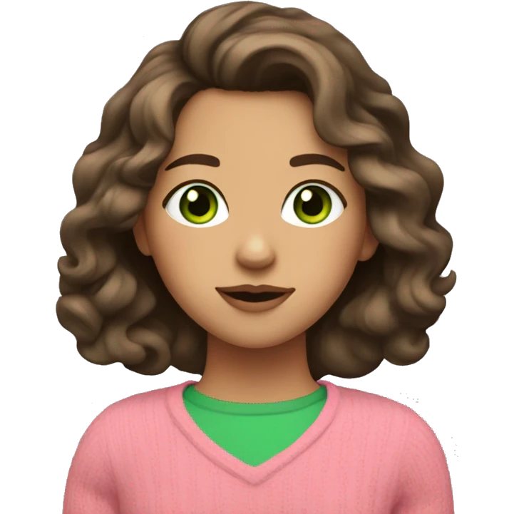 Brunette girl with wavy hair and green eyes and pink sweater emoji