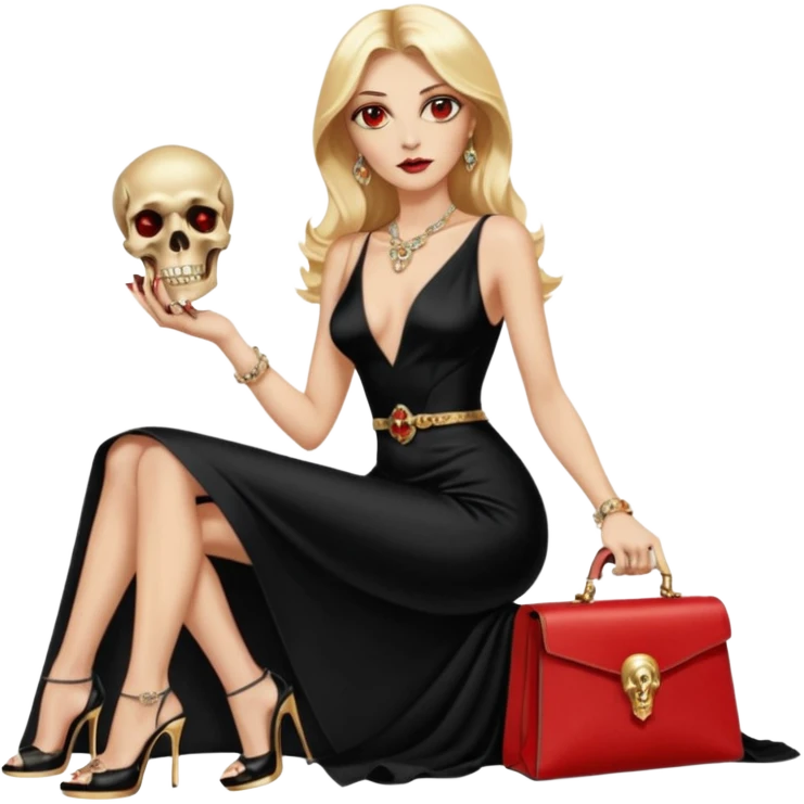 Lilith symbol red eye seductress  length blonde haired powerful woman with Gucci, and Hermes bags next to her. Wearing long dress with slit, sitting on of gold and diamonds. Black Platform high heels on feet. seat stacked with designer bags,  dead human skull of her enemies in her other hand emoji