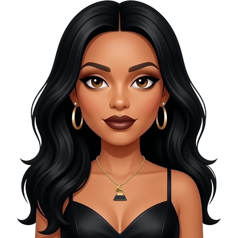 Aaliyah with brown eyes, long black hair, black eyeshadow, dark brown lipstick, black grammy dress, necklace and earrings emoji