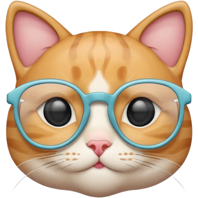 A cute cat emoji wearing geek-chic glasses, minimal design, simple shapes, soft pastel colors, clean vector style, centered composition, emoji style, smooth lines, subtle shadow, high resolution, transparent background, PNG format, no background emoji