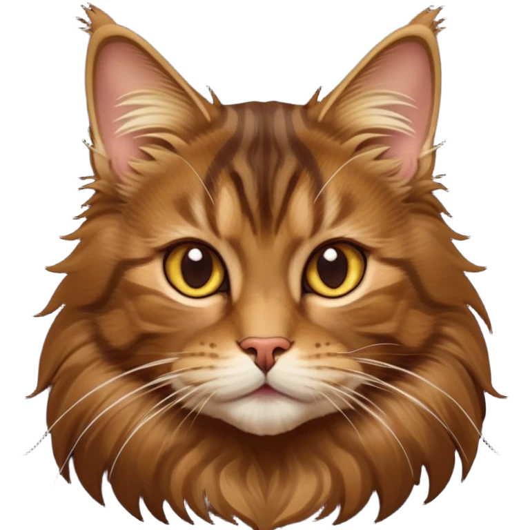 cinematic-cute brown-maine-coon-cat-portrait-emoji,-head-tilted-playfully-and-inquisitively,-sleek--brown-and-gold-tones-with-hints-of-deep-auburn-fur,-simplified-yet-adorable-features,-highly-detailed,-glowing-with-a-warm,-friendly-glow  emoji