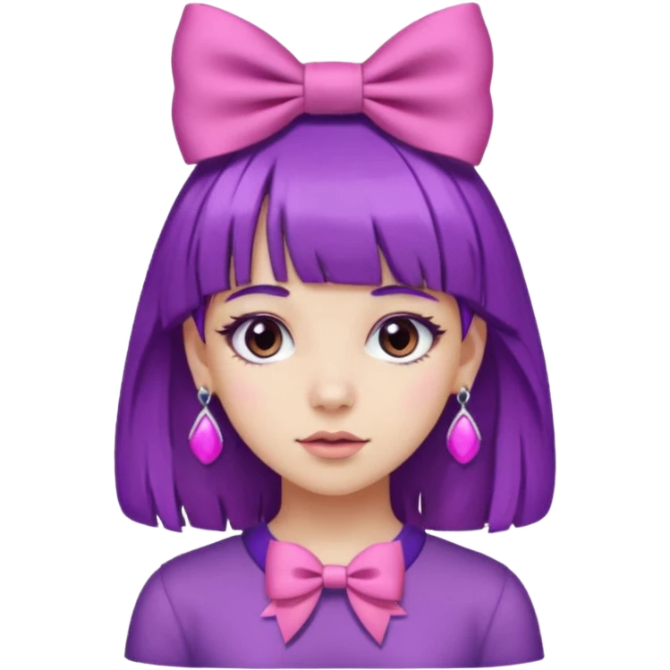 girl with bangs and purple hair and pink hairbow on the side of head and earrings emoji