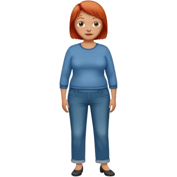 Lazy old Short woman with straight short red hair and fat tummy..wears business casual loose jeans and full sleeve  tshirt. Not smart looking ill fitting clothes emoji