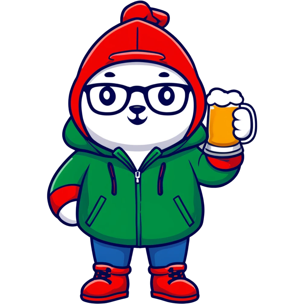 Catfish in a red winter jacket with hood, wearing round glasses, blue jeans, red boots, holding a beer can with a red label emoji