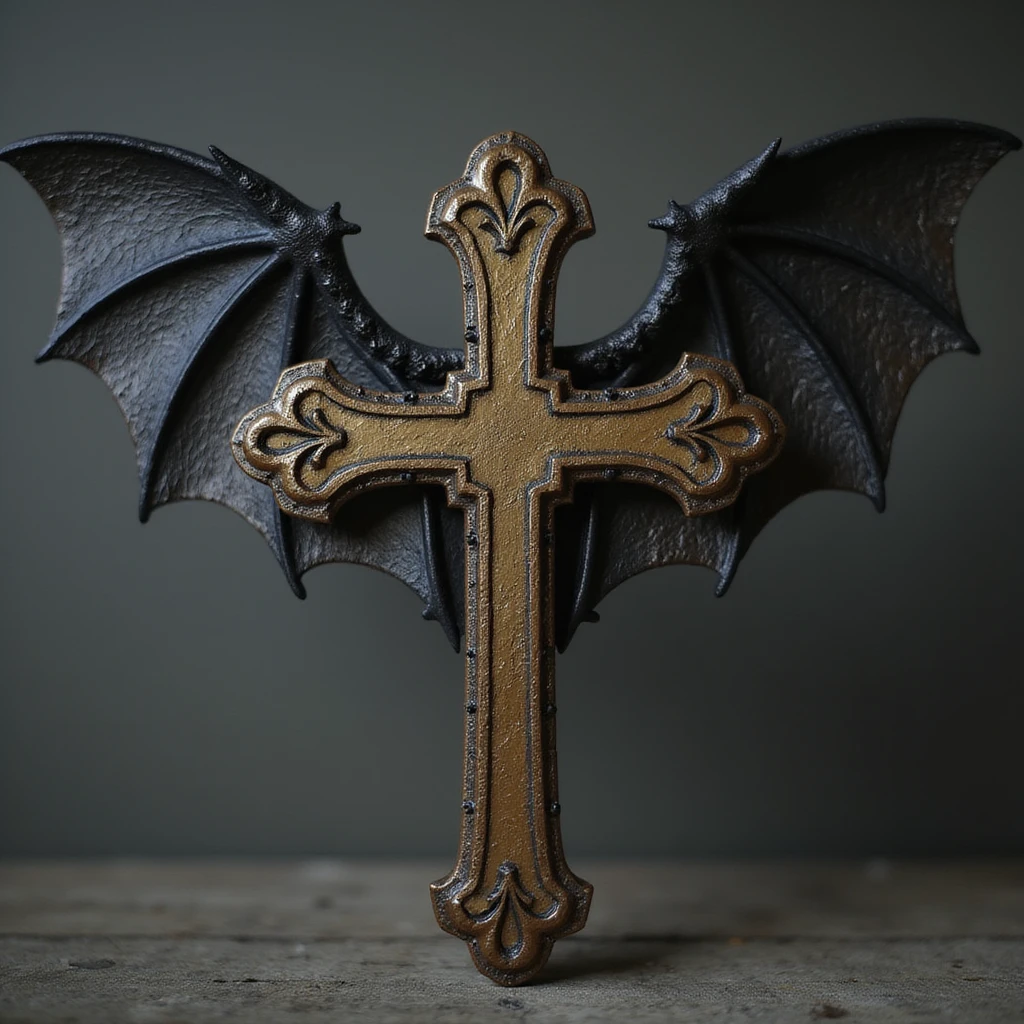 realistic gothic cross, with bat wings, photorealistic style emoji