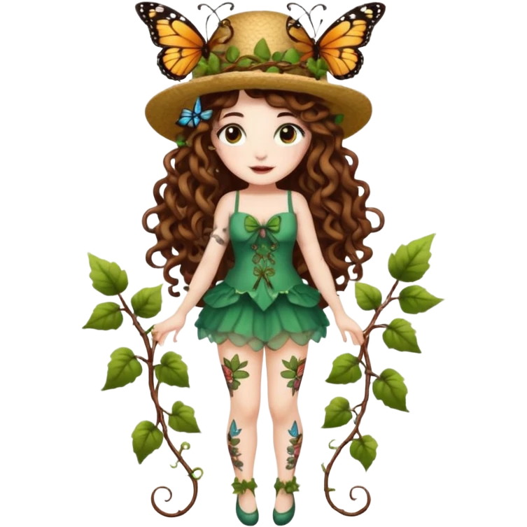 full body woman long curly brown hair brown eyes white skin tattoos wearing butterfly hat and glowing vine stockings emoji