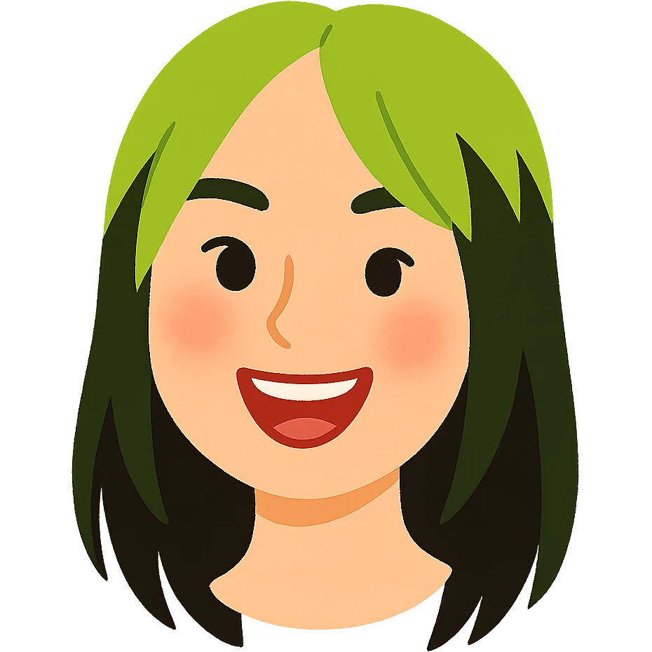 Create a soft cartoon face of Billie Eilish's head in the style of the reference image with simple features, no background. Use green and black hair and a different facial expression: smiling with open mouth. emoji