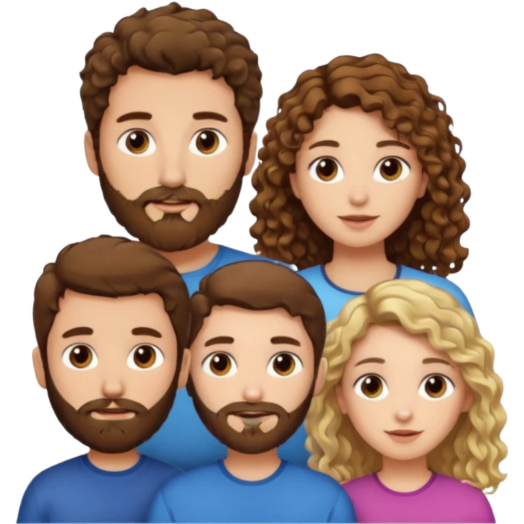 2 gars cheveux et petite barbe brune 2 filles cheveux longs bruns frisés et blond raide emoji