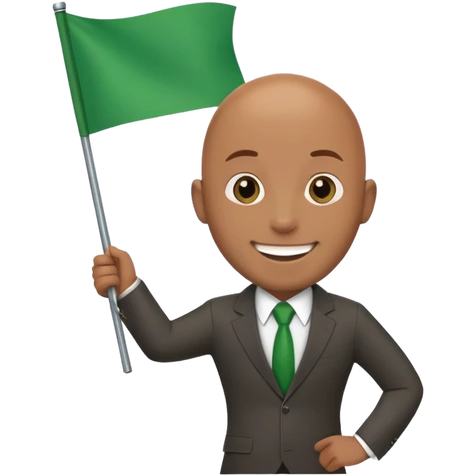 Create a emoji of a man in a suit brown skin with bald holding a blank green flag smiling emoji