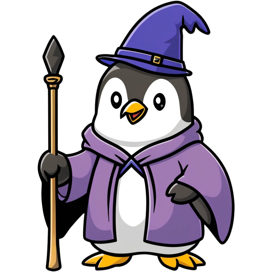 penguin with wizard hat and robe, holding a magic staff, magical emoji