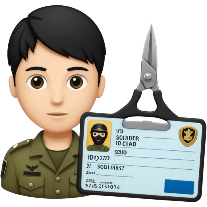 black Scissors cutting an idf soldier ID card in 2 parts .hyper realistic emoji