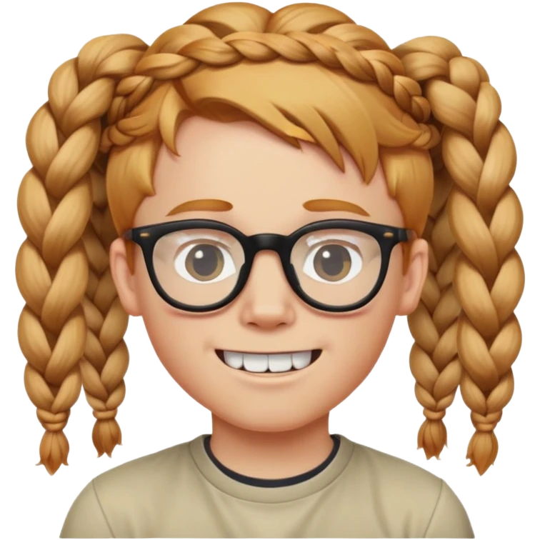 Young White boy wearing glasses, has strawberry blonde hair, has two sets of braids sticking up, has buck teeth emoji