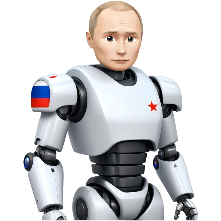 Futuristic robot with Vladimir Putin features and Russian flag colors emoji
