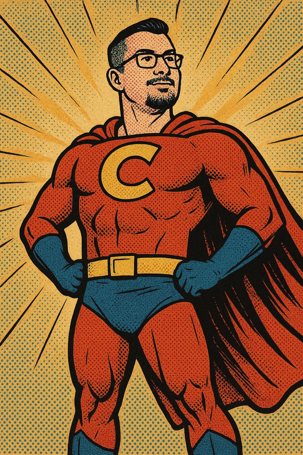 man with short hair, goatee, and glasses dressed as a superhero, standing tall, bold pose, vibrant costume, cape, confident expression, classic comic book style emoji