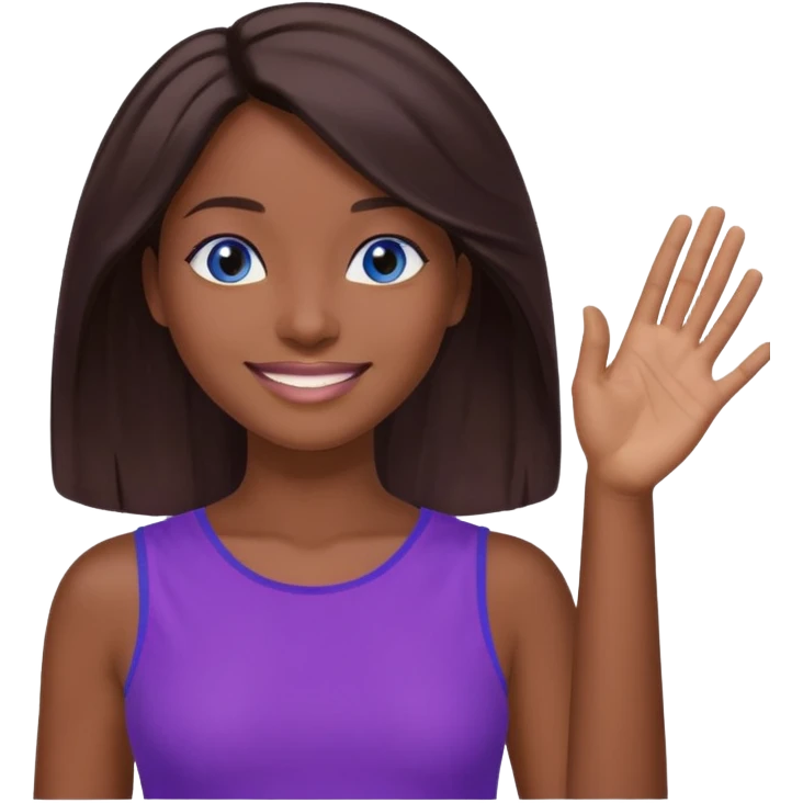 Dark brown hai woman with shoulder-length hair, blue eyes, wearing a purple top, smiling with one hand raised to the side, palm facing up. The gesture looks like she’s presenting something, offering help, or saying “Here you go!”

 emoji