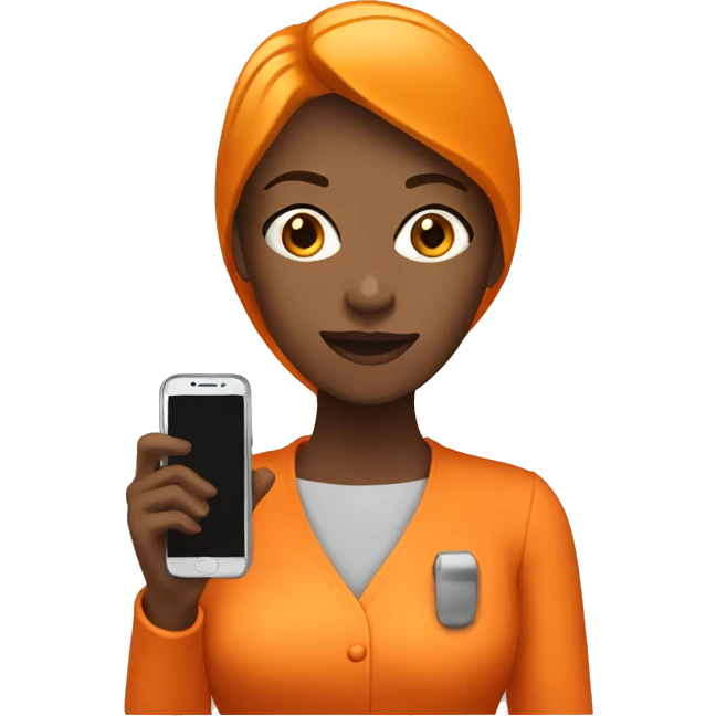 woman in orange bloose with phone emoji