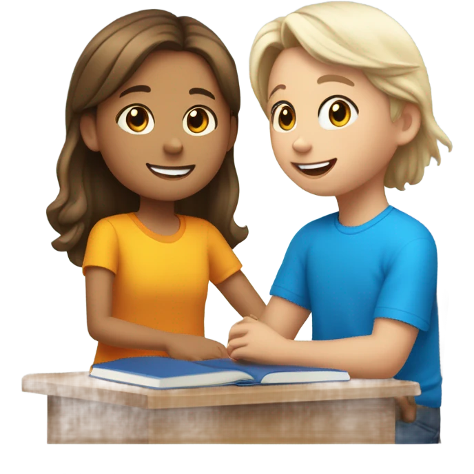 One Little Girl, white skin, bronze hair, smile, tutor, bright blue t shirt, icon  emoji