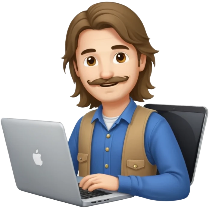 A DEVELOPER WITH A laptop, USING inFORMAL CLOTHES, long hair, mustache emoji