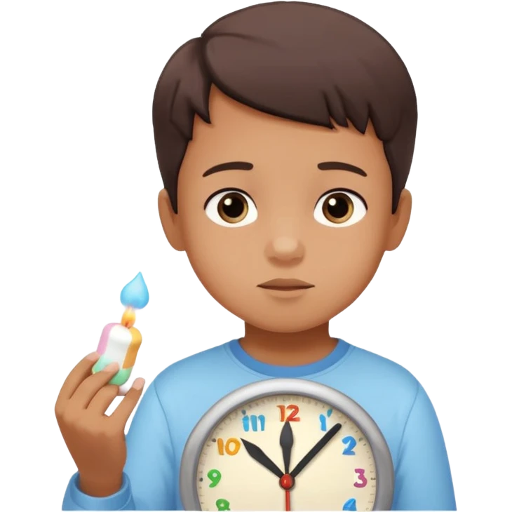 Emoji-style marshmallow test, child choosing between 1 marshmallow now and 2 later, clock above showing 15 minutes, cute lighting and pastel colors emoji