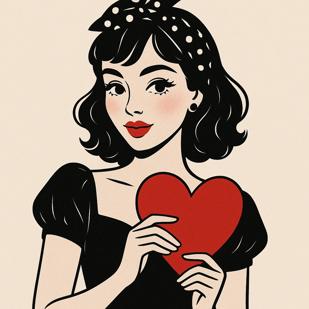 coquette with red lips, holding a heart, stylish and charming, modern illustration emoji