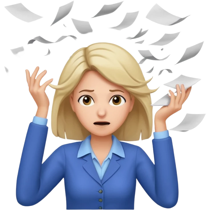 female teacher pulling her hair with stressed face, papers flying everywhere emoji