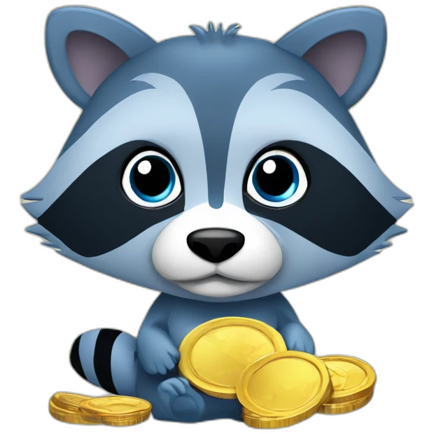 blue racoon with cartoon coins emoji