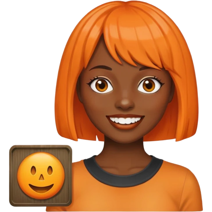 dark skinned Black woman with orange bob wig like Chucky's hair, visible plaque on her teeth emoji