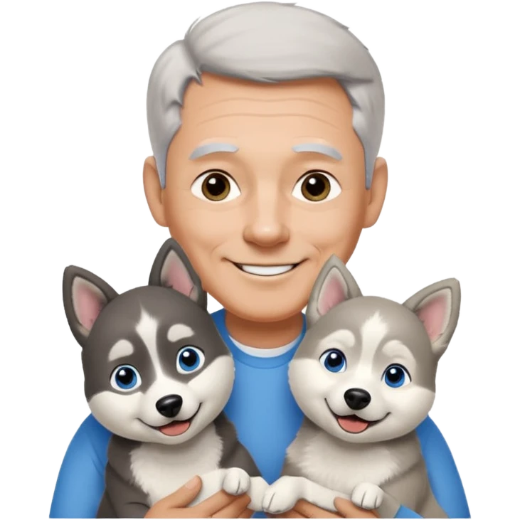 A 60 year old man with blue eyes and short light gray hair and no mustache and slightly big ears, holding a single black and white husky dog with floppy ears and white tuft eyebrows, both smiling emoji