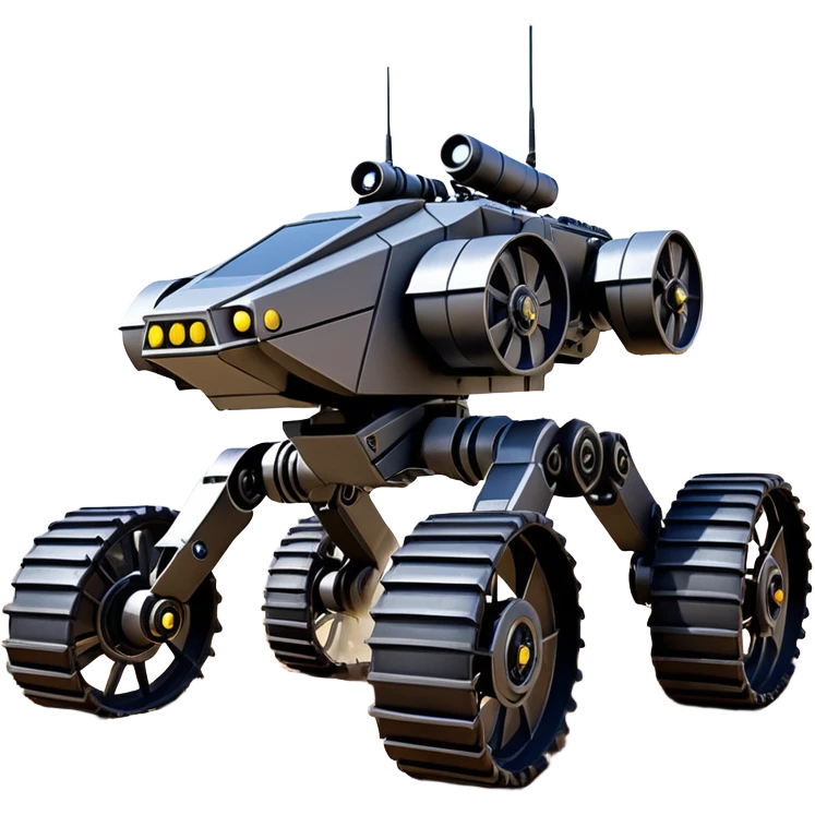 unstoppable jumping accurate 8-wheel armored canine sporty self-balancing massive mech trail vehicle shooting forward side-hill leaning actively robotically articulating hydraulic independent suspended pod gimbal enemy mech off-road racing rover with large fast engine RC basher crawler megatron  emoji