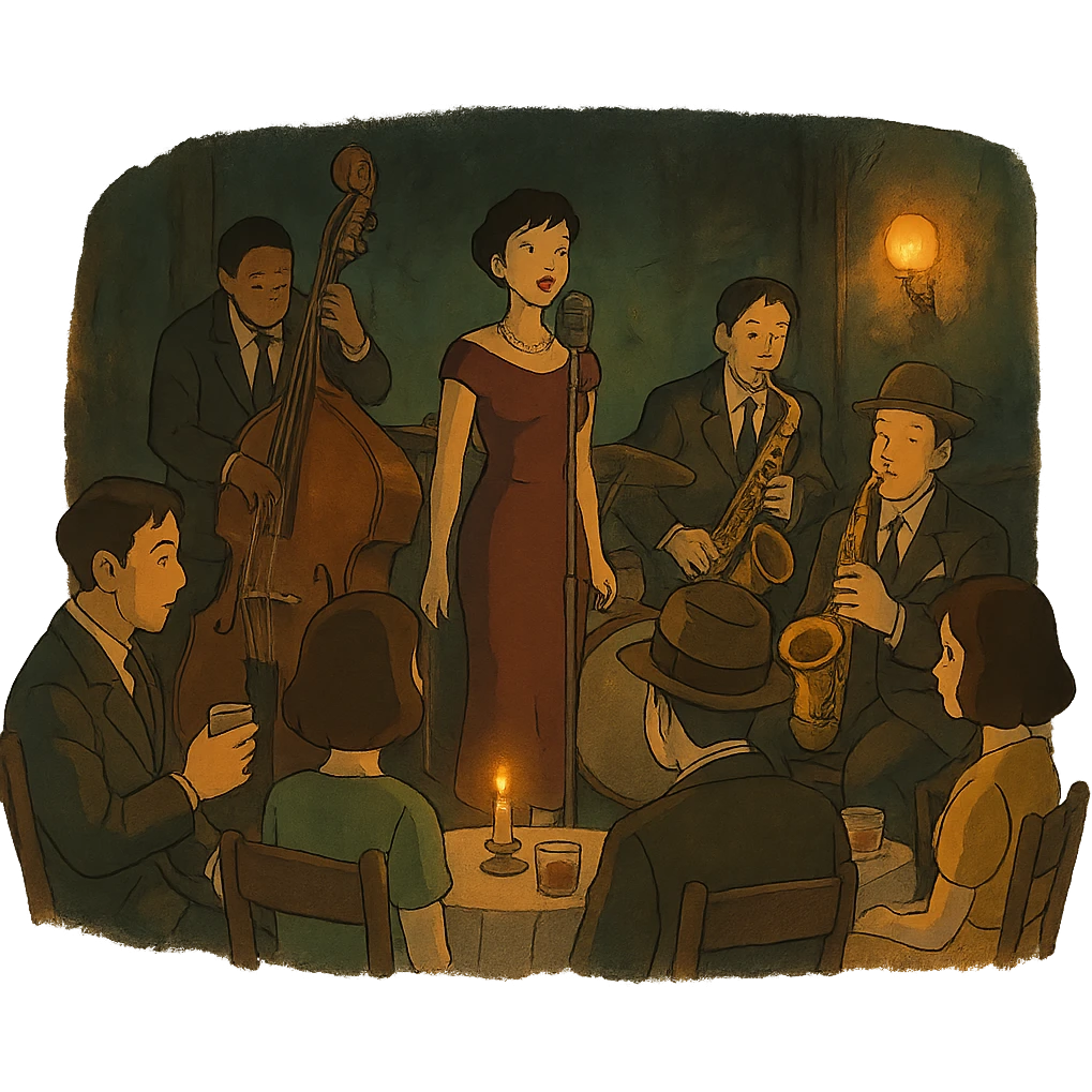 1940s jazz nightclub scene, ghibli style, moody lighting, no text emoji
