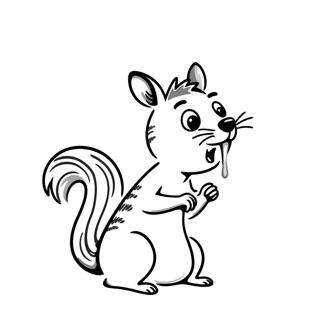 Hand-drawn squirrel with large visible drool dripping down from mouth, starving expression emoji