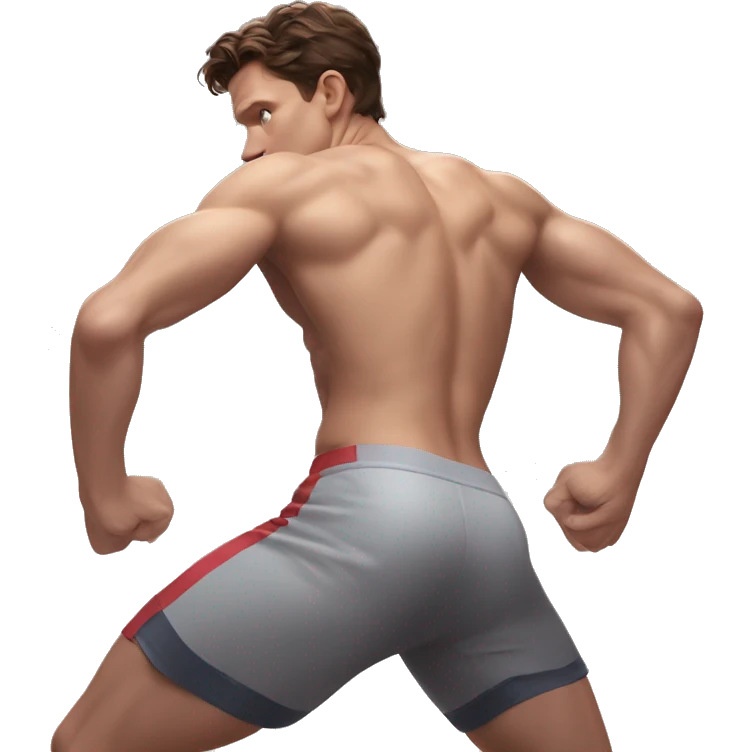 Tom Holland in a jock, backwards view, stretching glutes emoji