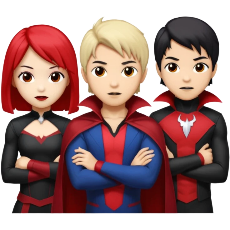Solo poly platonic relationship, one is south African girl, one is Asian boy, one is biracial features Asian tomboy girl with anime short hair with long hair, vampire and marvel cosplay elements inspired. Could we can less human skin seems so it does not seem racist or something, use marvel colours  emoji