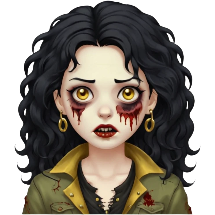 Create a zombie woman with voluminous wavy hair and a gold nose piercing. emoji