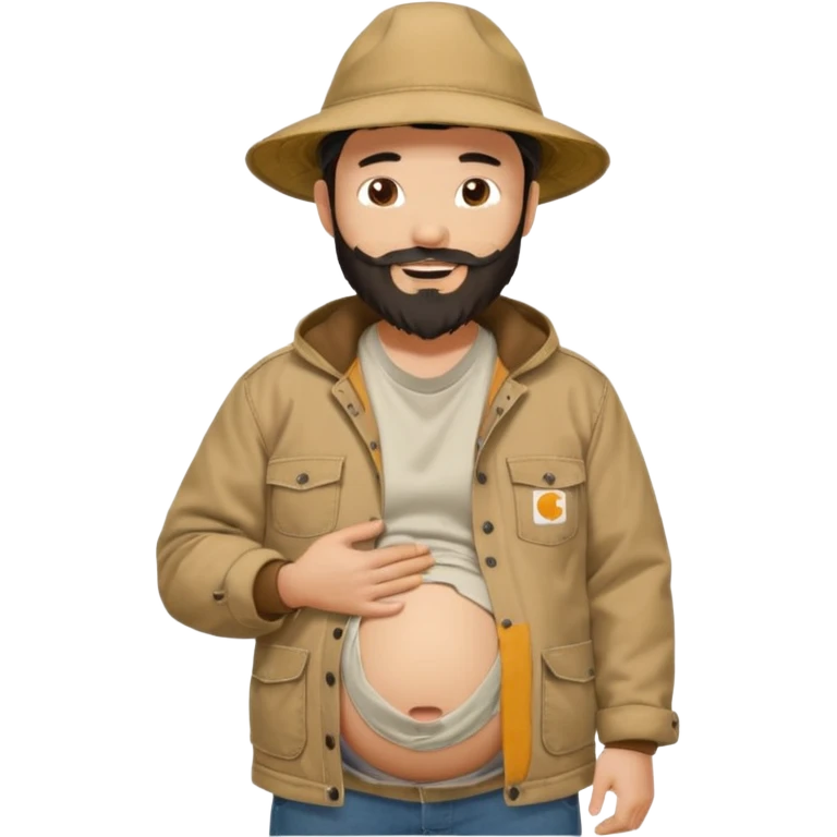 Bearded man rubbing pregnant belly poking out of shirt wearing a tan canvas carhartt jacket with a stereotypical large chinese hat on and buck teeth emoji